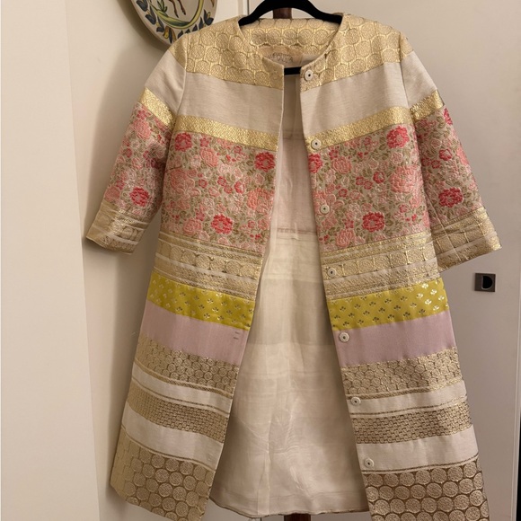 Giambattista Valli Paris Womens Floral & Metallic Stripe Coat - Pink, Gold - Picture 2 of 6